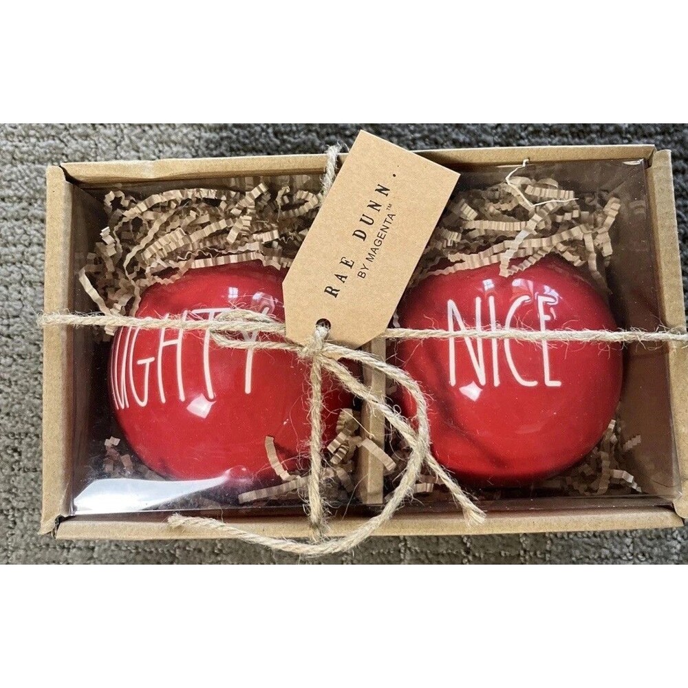 NEW Rae Dunn Naughty Nice Christmas Ceramic Ornament Set  5 INCH Boxed